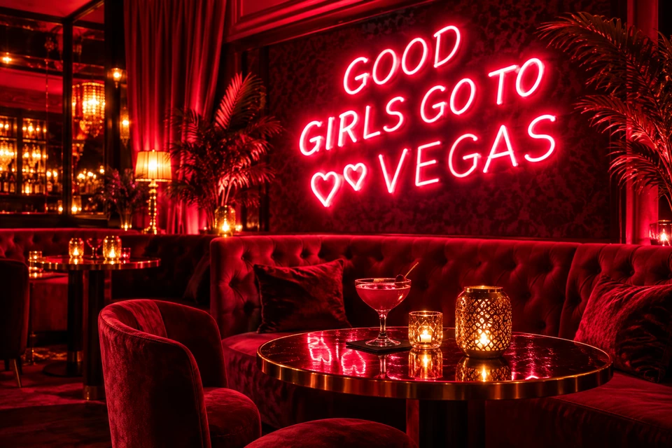 A red velvet lounge with a neon sign reading Good Girls Go to Vegas.