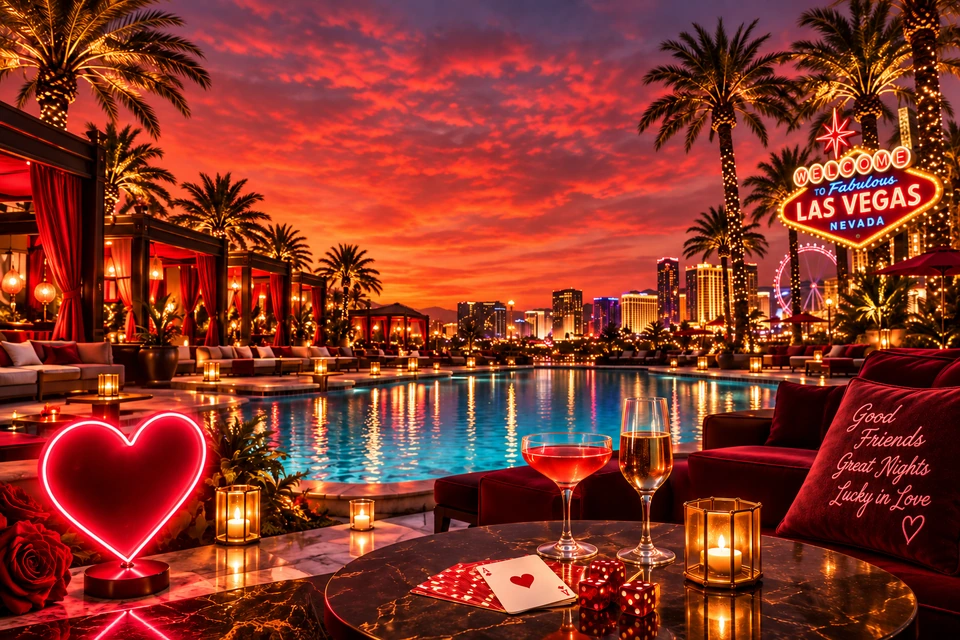 An imagined Vegas pool at sunset with a glowing Welcome to Fabulous Las Vegas Nevada sign and a burgundy cushion embroidered Good Friends, Great Nights, Lucky in Love.