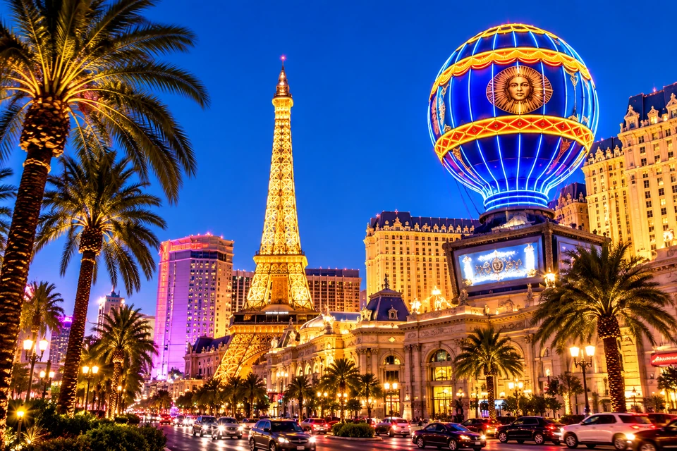 The illuminated Paris balloon and Eiffel Tower under a blue Las Vegas evening sky.