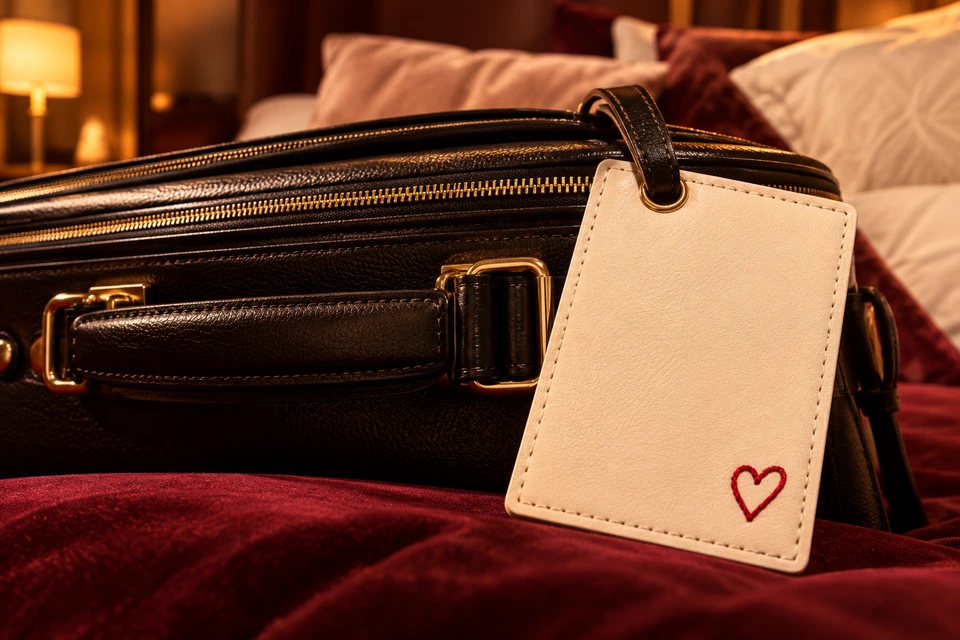 A black suitcase on burgundy bedding with a cream luggage tag and embroidered heart.