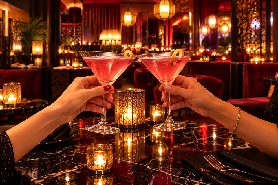 Two hands clinking pink cocktails over a candlelit table.
